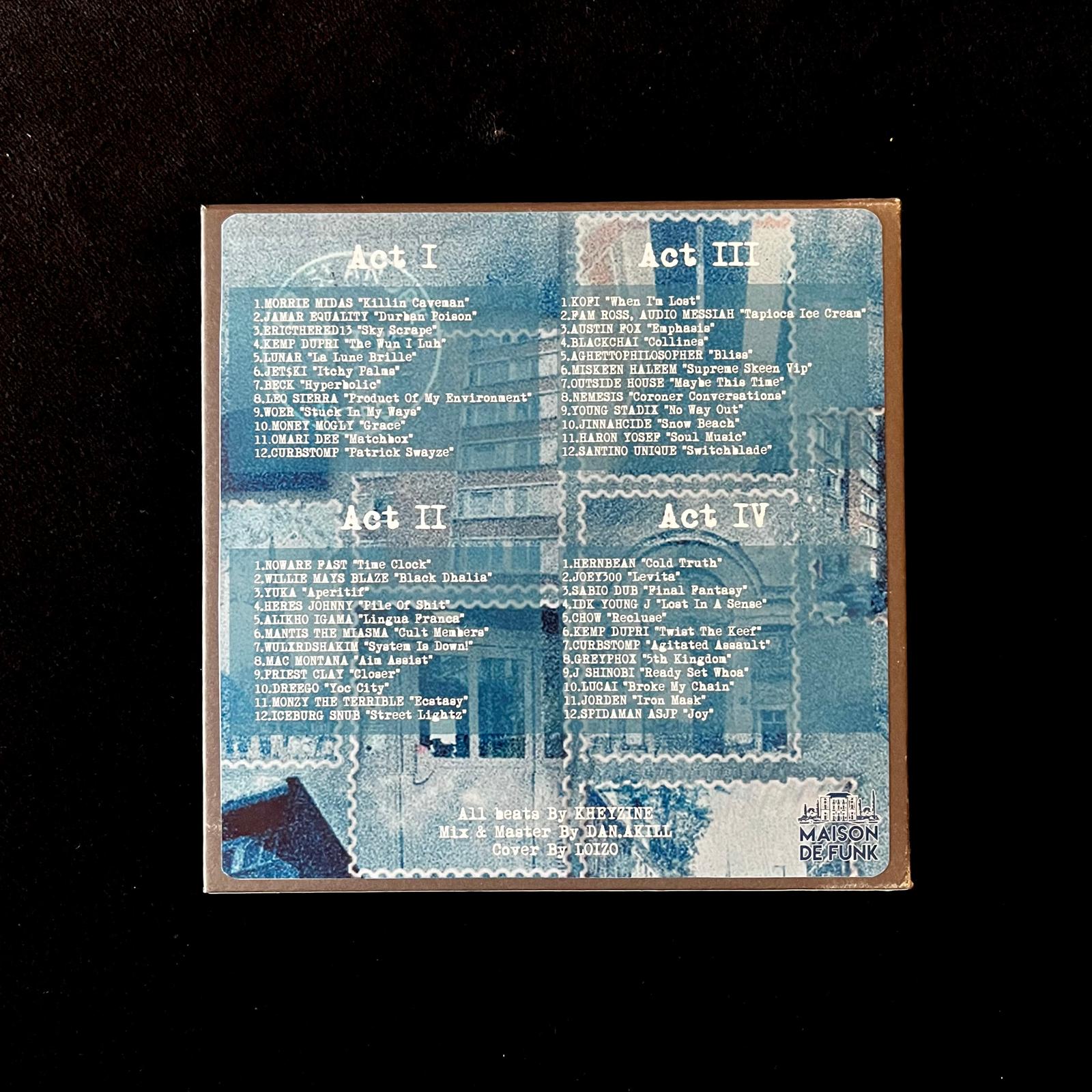 Four cyanotype discs laid out with sleeves